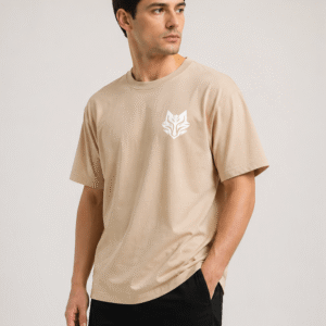 Beige premium oversized t-shirt front view for men by Blake Essence minimal luxury fashion