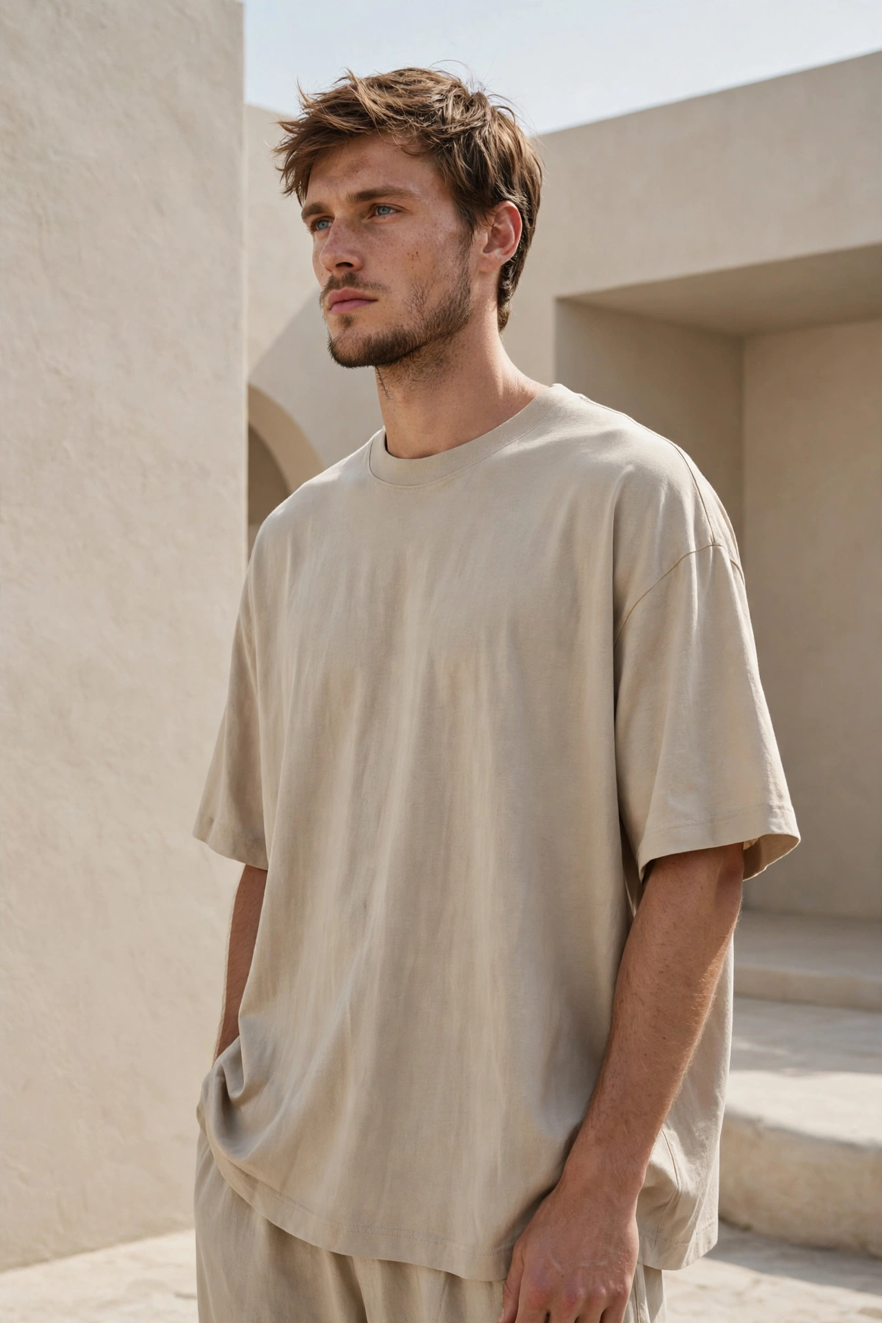 BLAKE ESSENCE Brand Story — beige oversized tee on model against beige architecture