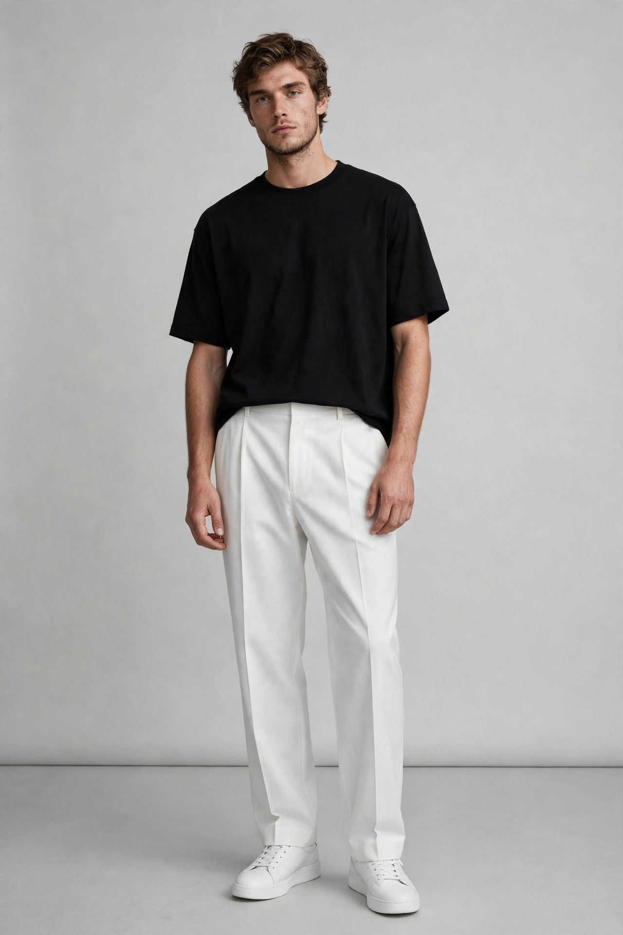 BLAKE ESSENCE Styling — black tee styled with white trousers and sneakers, grey studio